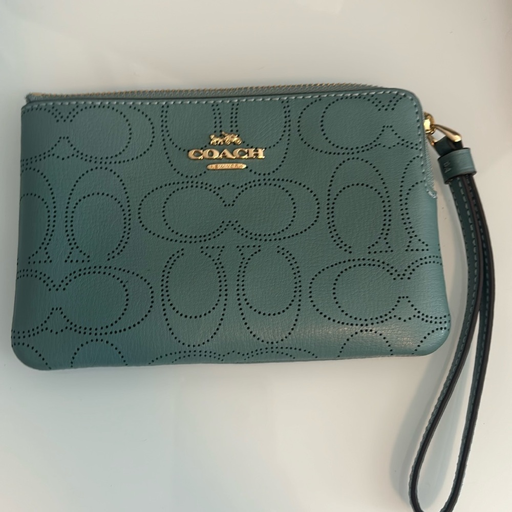 Coach Green Wristlet with Gold Accents